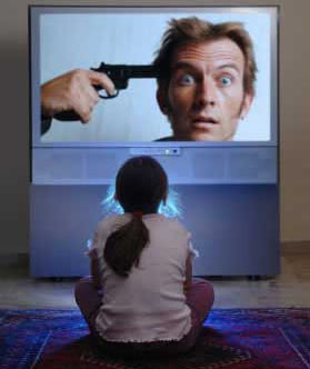 a girl watching a television with a man that has a gun to his head