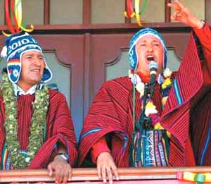Chaves in native garb in Bolivia supports Morales