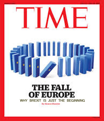 Cover of the Times Magazine showing the Domino effect of Brexit destroying the European Union