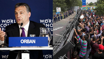 A picture of Viktor Orban giving a speech and immigrants being kept out of Hungary by a border fence