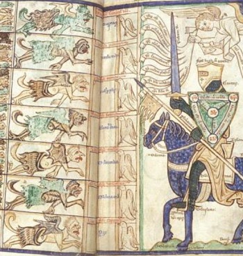 Medieval illustration of knight fighting the seven deadly sins