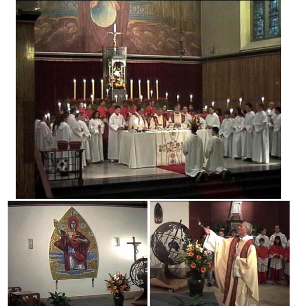 Photos of the choir surrounding priests and the interior of the Sacre Coeur Church, Luxembourg