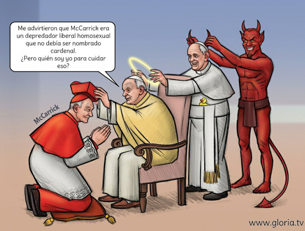 Cartoon showing Cardinal McCarrick being made cardinal and Pope Francis with the devil
