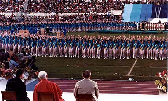 Immodestly dressed young women performing synchronized dancing for the Pope