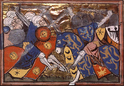 Kamp mellom katolske riddere og sarasenere, miniatyr av Godefroy Bouillon, 1337