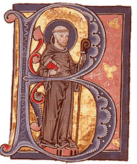 An illuminated manuscript letter featuring St. Bernard