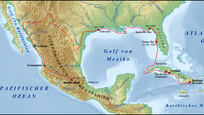 A map showing the route travelled by Cabeza de Vaca