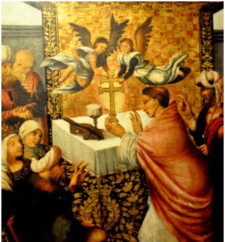 Painting of a priest receiving the Caravaca Cross miraculously from angels