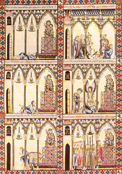 medieval illustration showing the Cantiga Santa Maria n. 37, Miragres Fremosos