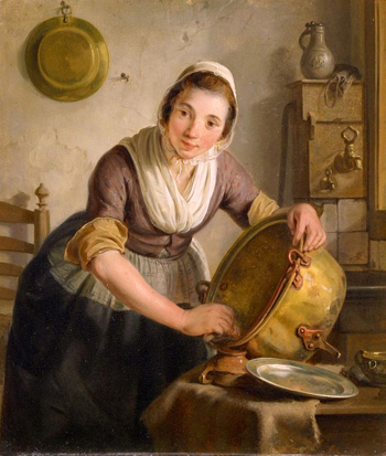 a woman scrubs a pot