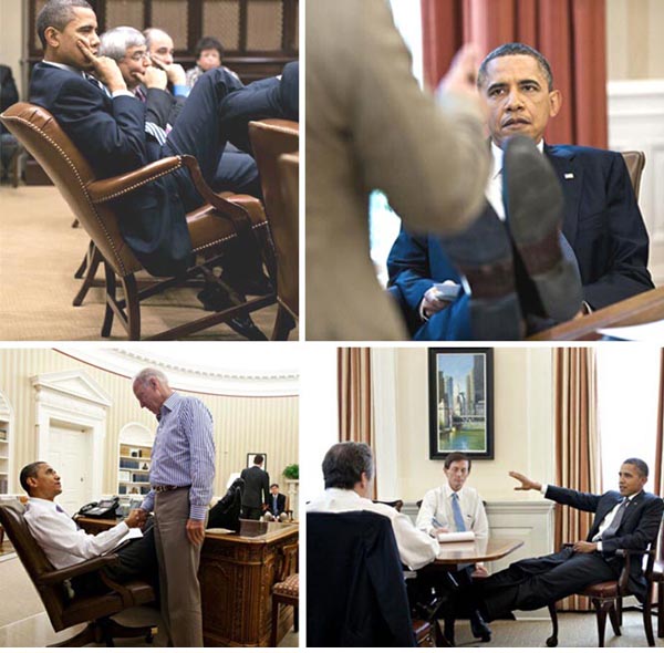 various photographs of Obama propping his feet up on furniture