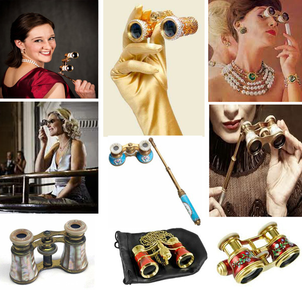 various photographs of opera glasses and women using them