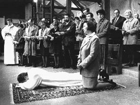 An old photograph of Eastern Rite prostrations