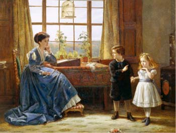 A painting of a child introducing a friend to his mother