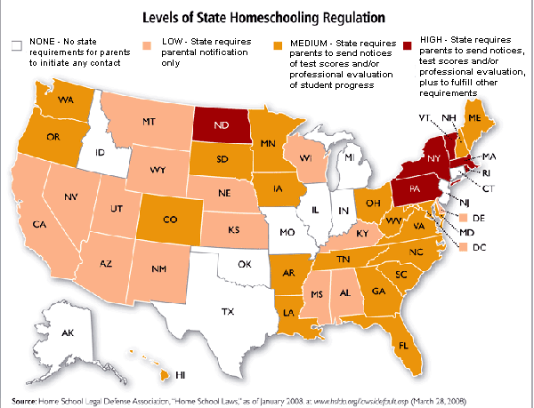 A map showing Home-school regulations by state