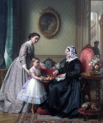 a classical painting showing a grand-daughter giving gifts to her grandmother