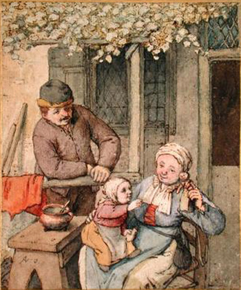 an old depiction of a traditional peasant family
