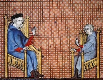 A medieval depiction of a Father teaching his son