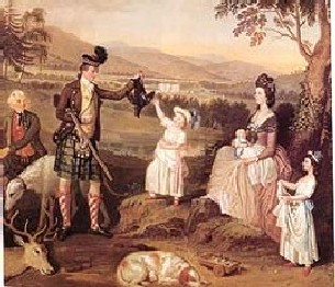 A painting of a traditional Scottish family