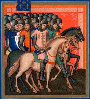 A medieval depiction of mounted crusaders