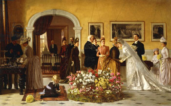 A Victorian painting of a home wedding reception