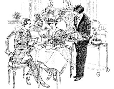 A Victorian couple enjoying a fine meal at a cafe