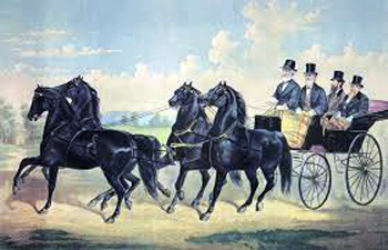painting of four men riding in a four in one carriage