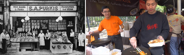 Food shop workers - contrasting historic and modern photographs