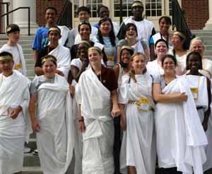 Students in togas from the Boston Latin Academy