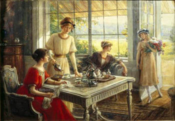 A painting of some ladies enjoying tea