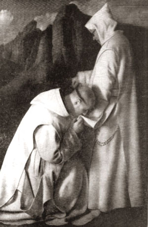 A Carthusian monk  showing respect to a prior