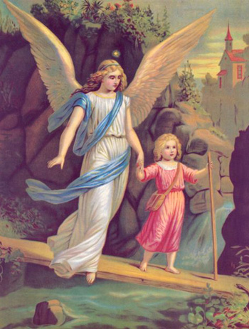 a painting of a guardian angel helping a child cross a bridge