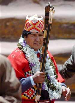 Evo Morales in tribal religious attire
