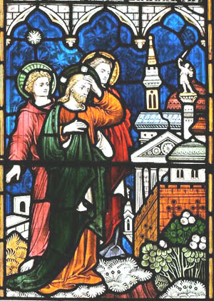 A stained glass window of Our Lord weeping over Jerusalem
