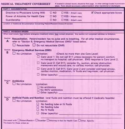 A sample pink POLST form