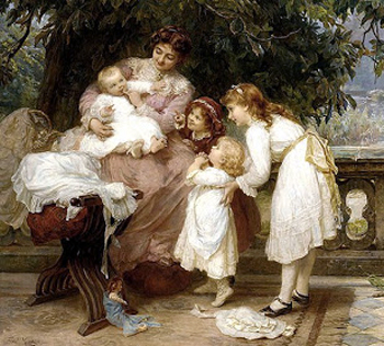 A classical painting of a mother and several children