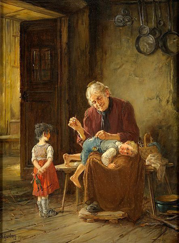 Rustic painting of an elderly grandmother sewing the clothes of a child