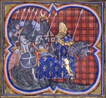 Medieval illumination depicting Emperor Conrad embarking with knights for the Crusade