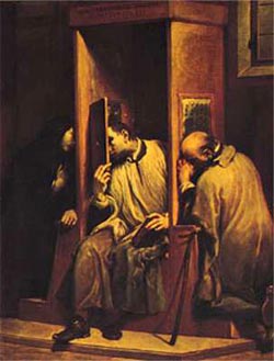 A priest hearing penitents in a traditional confessional