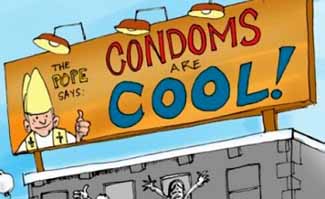 A cartoon showing papal approval of condoms