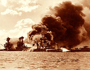 The USS Arizona burning after the Pearl Harbor attack