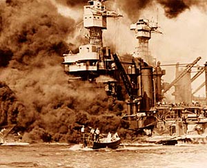 the USS West Virginia burns in Pearl Harbor