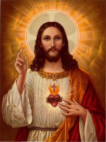 Our Lord with a halo displaying His Sacred Heart