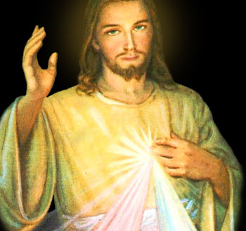A halo-less Jesus with no heart gives off the rays of the divine mercy devotion