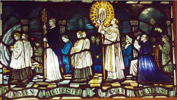 stained glass window depicting Holy Saturday Vigil procssion from Kesgrave Church