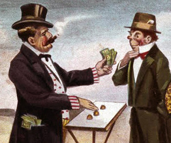 a 19th century cartoon depiction of a shell game
