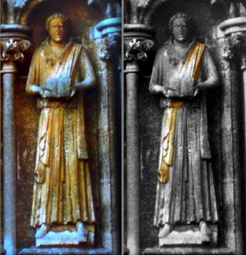 medieval statue depicted with ancient folded chasubles