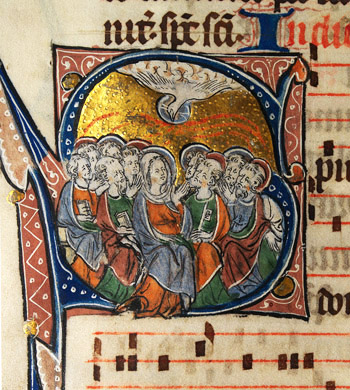 A medieval manucript depicting Pentecost