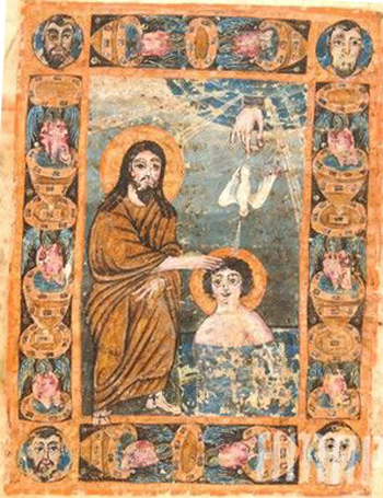 Medieval illustration of Christ giving a baptism