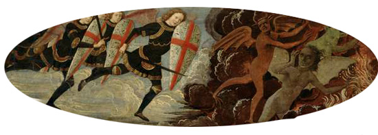 painting depicting a war with devils